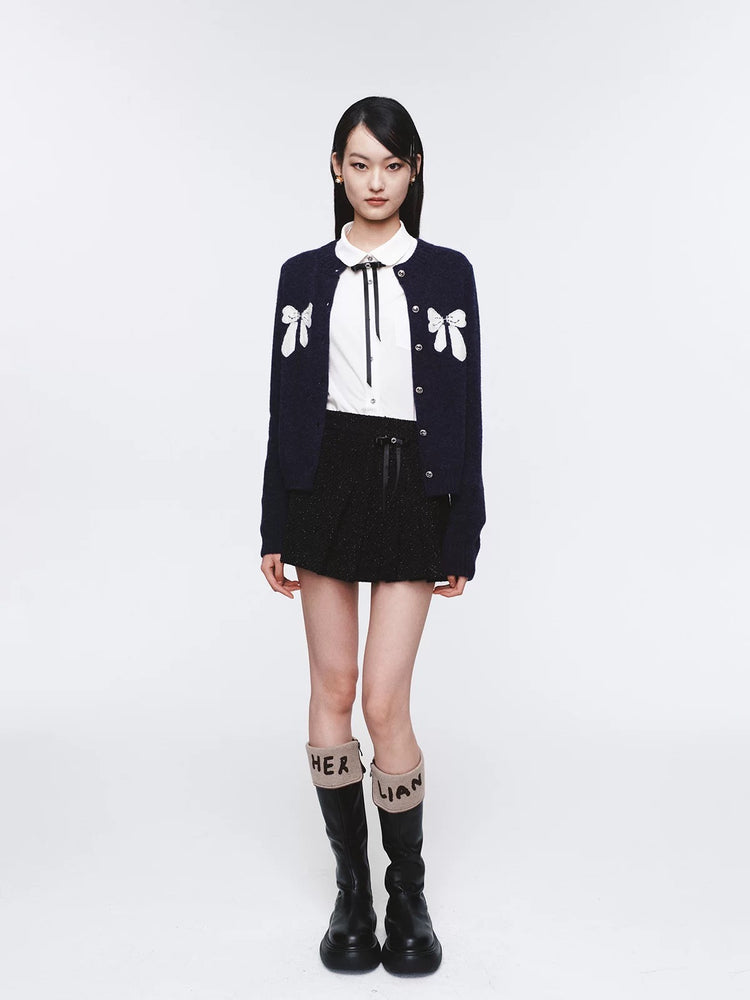 Contrast Color Bow Round Neck Knit Cardigan