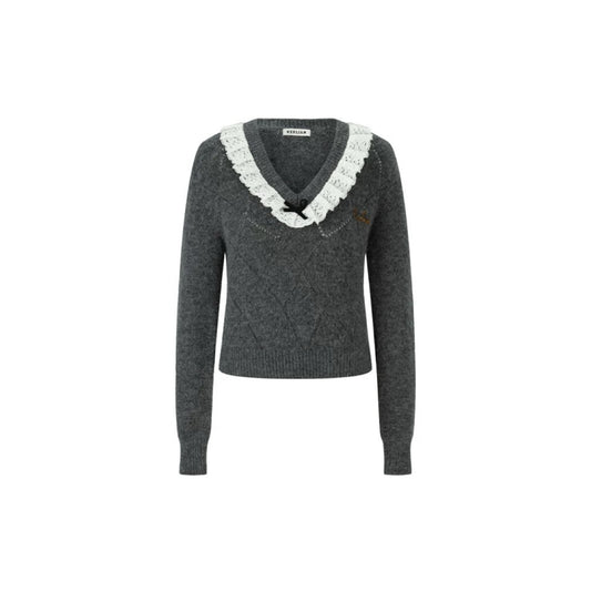 Beaded Tube Embroidered Logo Lace V-neck Sweater