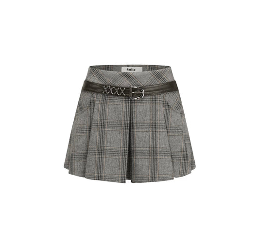 Vintage Plaid Belt Pleated Skirt