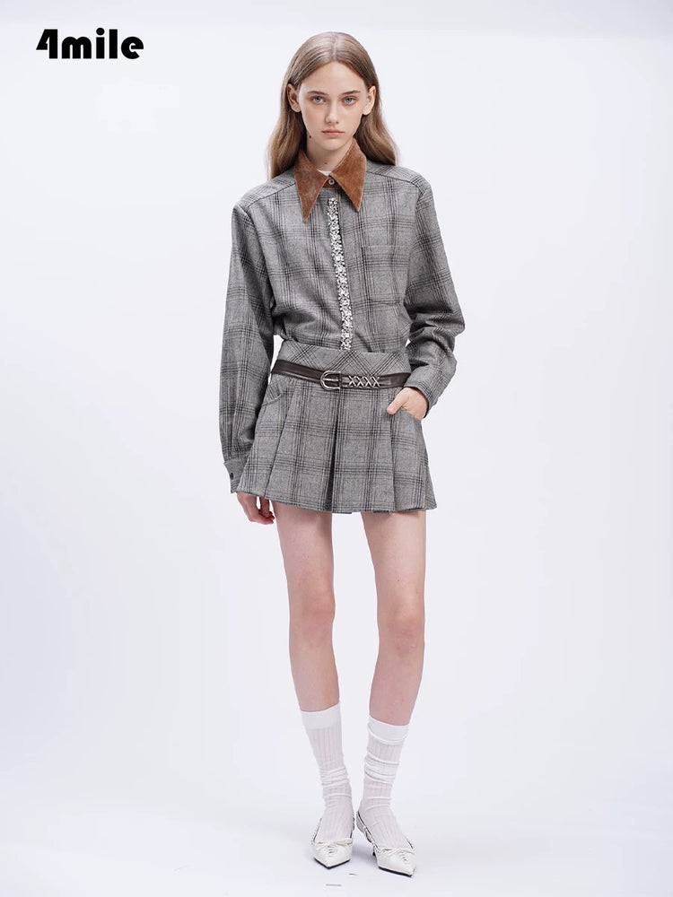 Vintage Plaid Belt Pleated Skirt