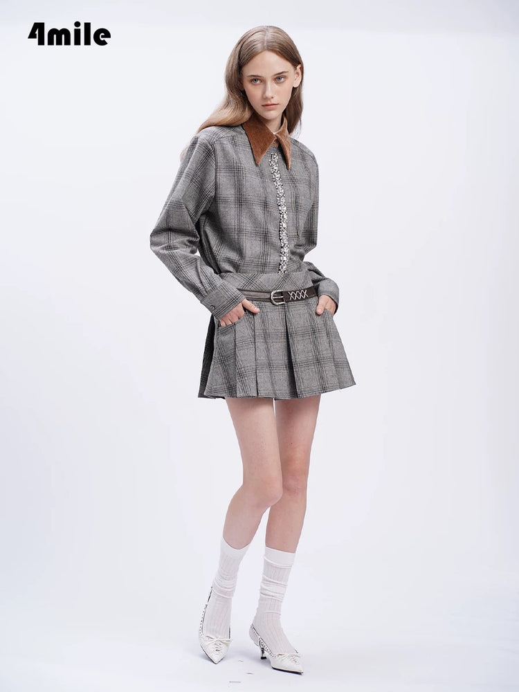 Vintage Plaid Belt Pleated Skirt