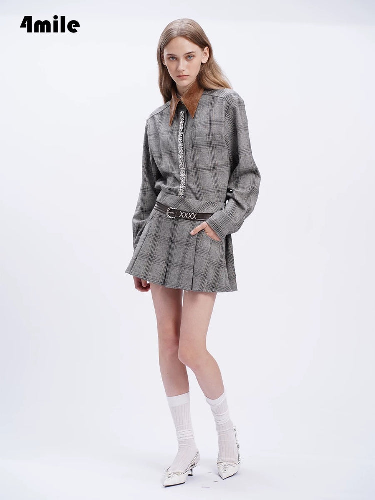Vintage Plaid Belt Pleated Skirt