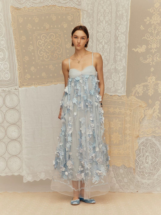 Shell Bra 3D Embroidered Long Dress