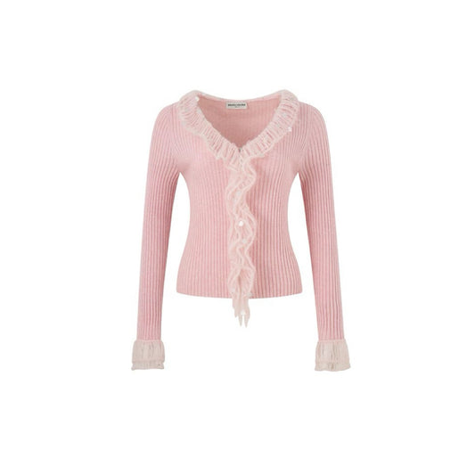 V-neck Ruffled Wool Knit Sweater