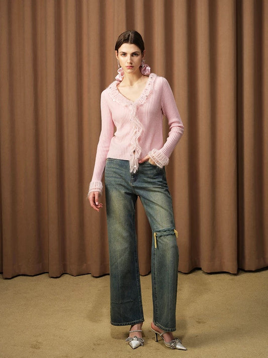 V-neck Ruffled Wool Knit Sweater