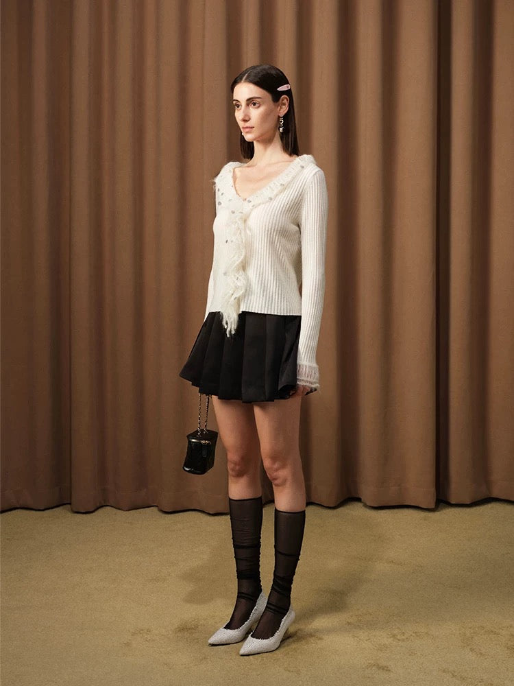 V-neck Ruffled Wool Knit Sweater