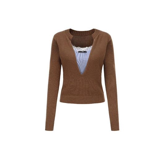 Deep V-neck Layered-look Knitted Sweater