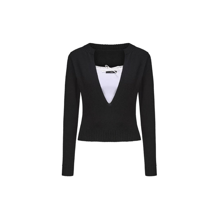 Deep V-neck Layered-look Knitted Sweater