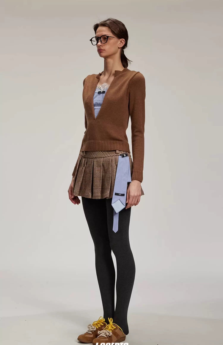 Deep V-neck Layered-look Knitted Sweater