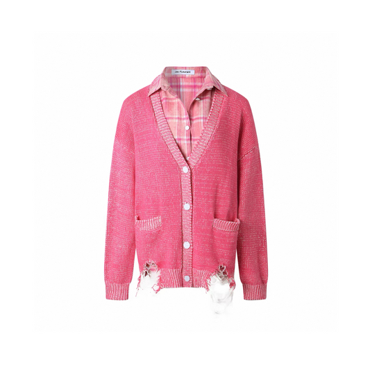 Magenta Distressed Layered Shirt Cardigan