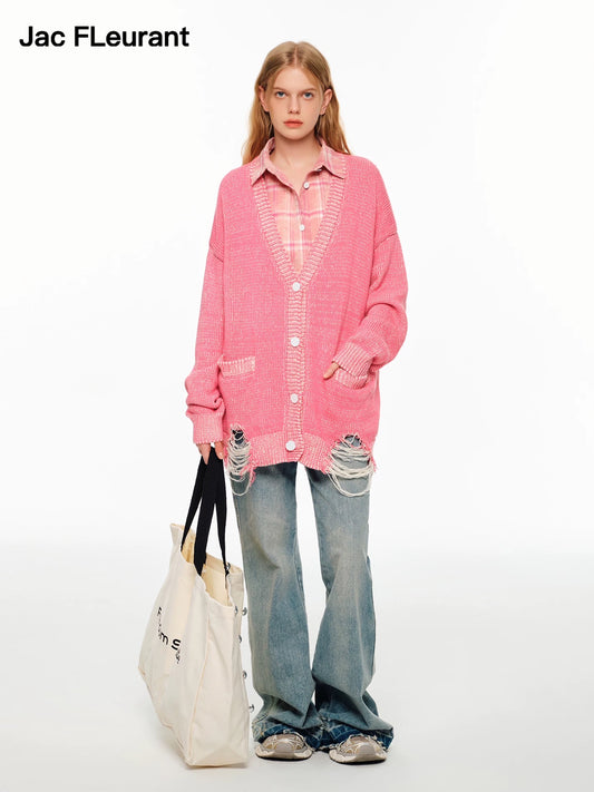 Magenta Distressed Layered Shirt Cardigan