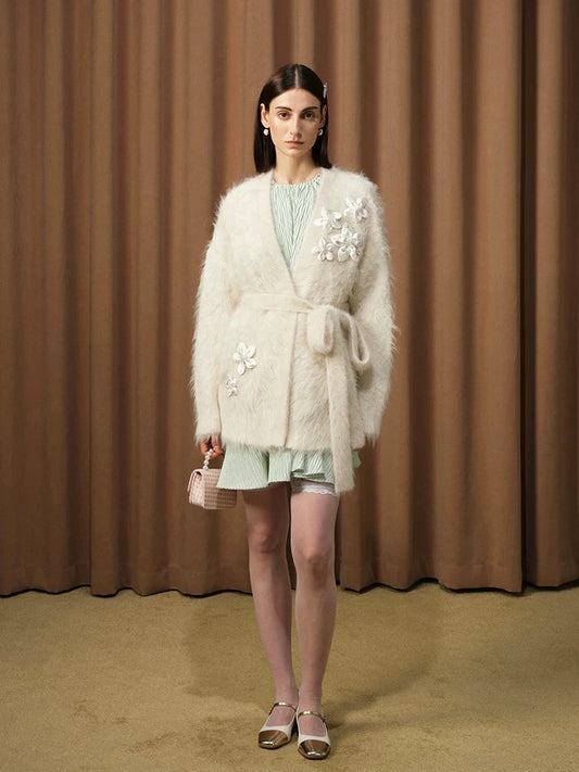 Elegant 3D Flowers Knit Robe Cardigan