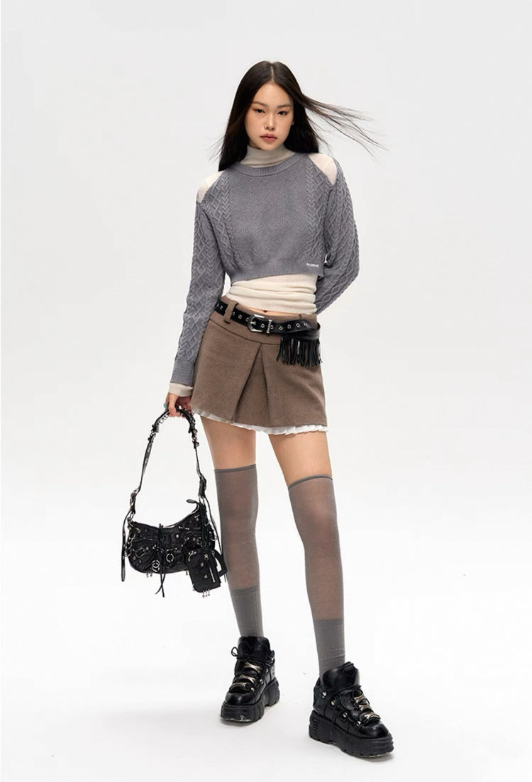 Rational Imbalance - Lace-Trimmed A-Line Wool Skirt