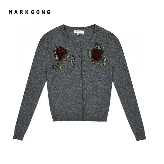 Round-Neck Ribbon Embroidery Knit Cardigan