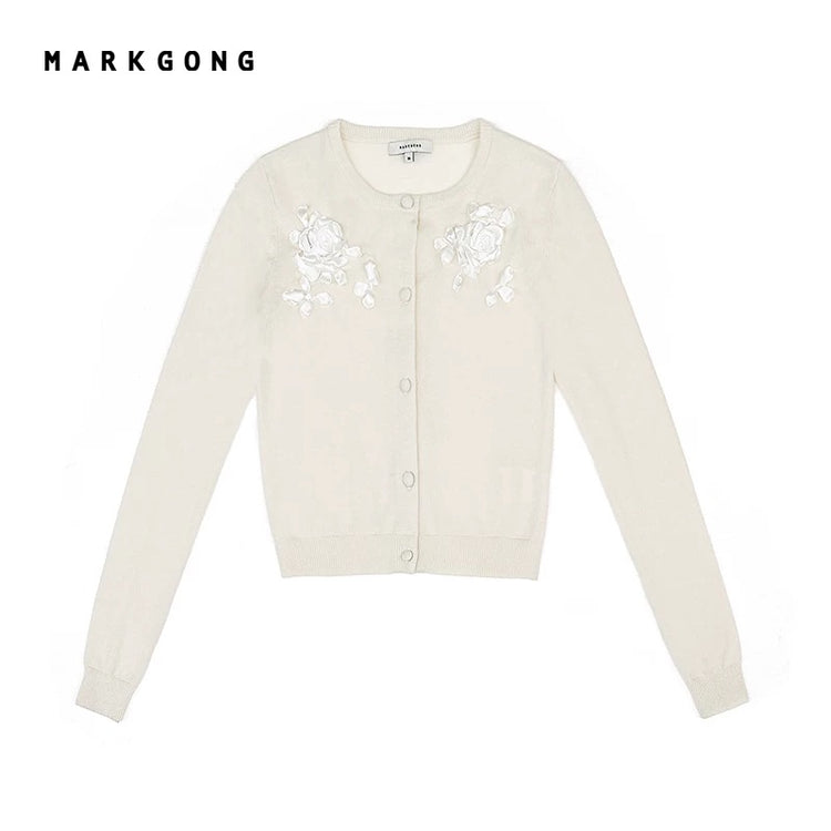 Round-Neck Ribbon Embroidery Knit Cardigan