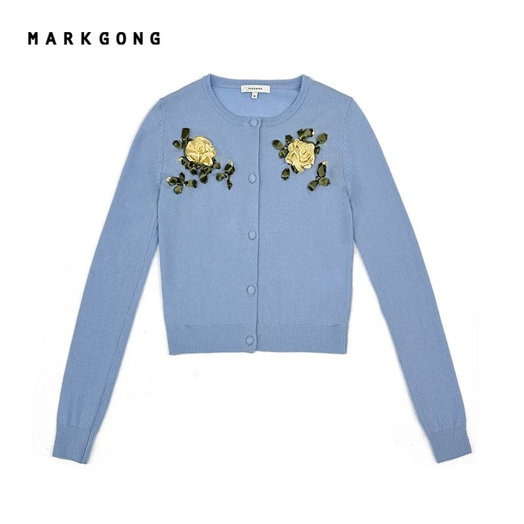 Round-Neck Ribbon Embroidery Knit Cardigan