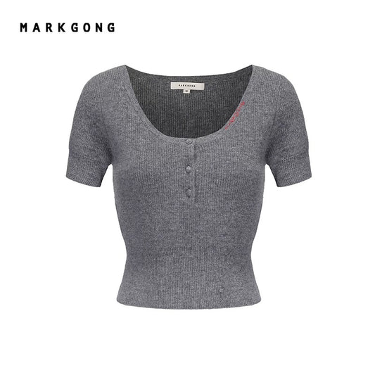 Low-Neck Knit Short-Sleeve Top