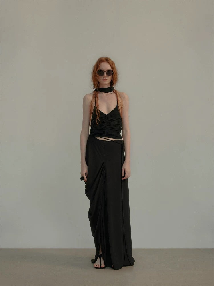 Black Ruched Halter Strap Top