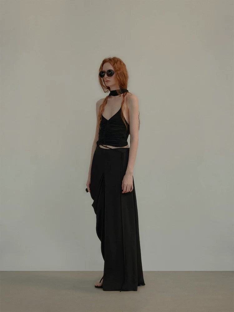 Black Ruched Halter Strap Top