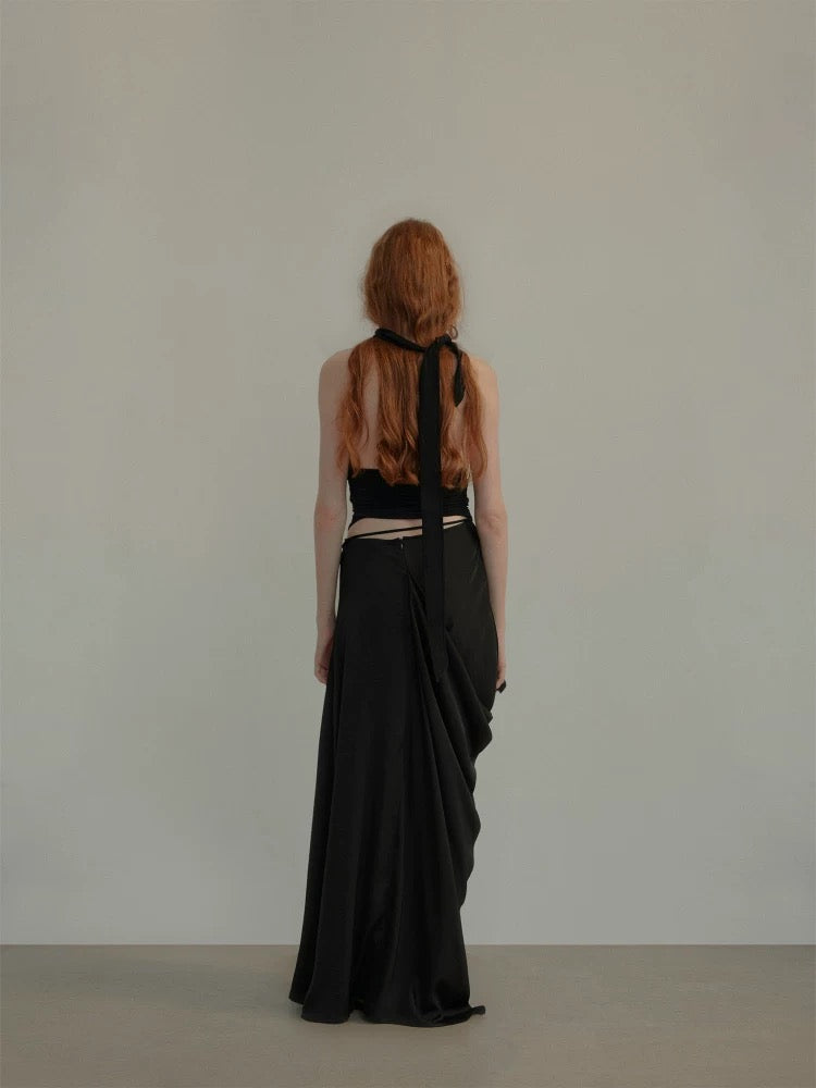 Black Ruched Halter Strap Top