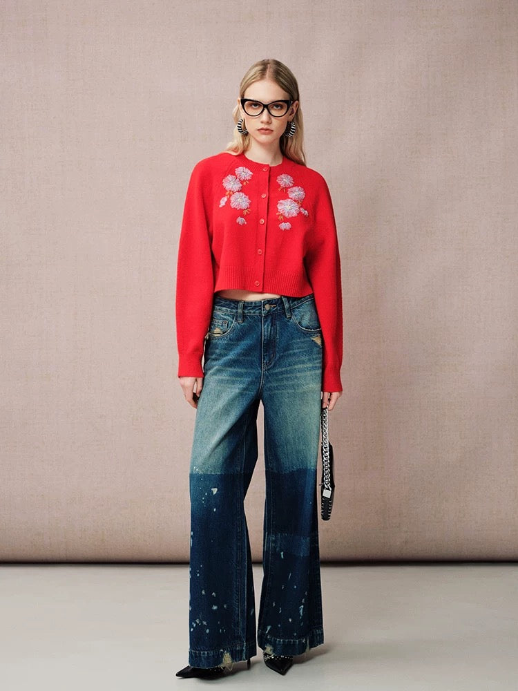 Ribbon Appliqué Embellishments Lambswool Sweater