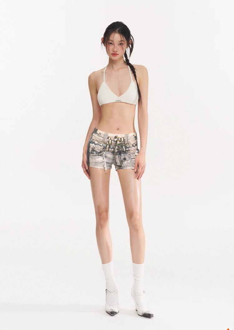 Printed Denim Shorts