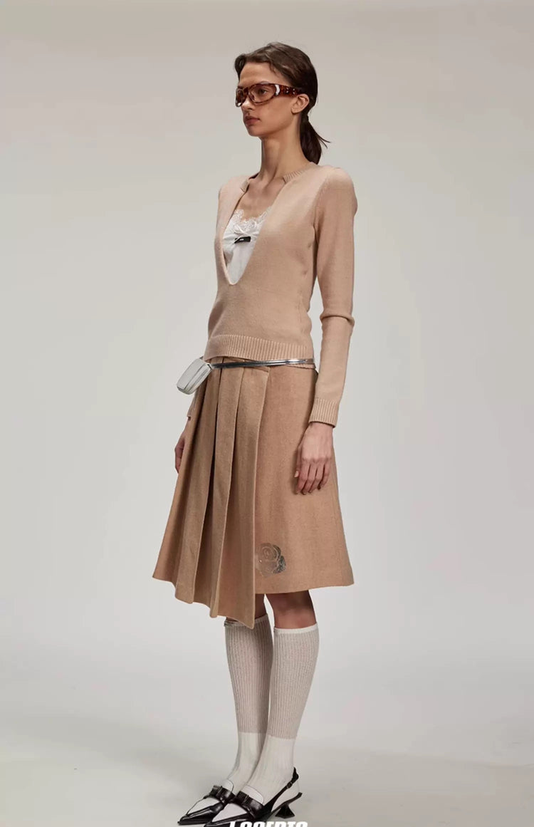 Rose And Silver Foil Pattern Pleated Midi Skirt