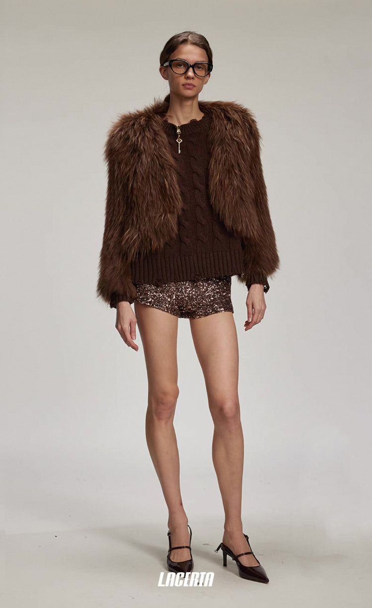V-neck Cropped Fur Jacket