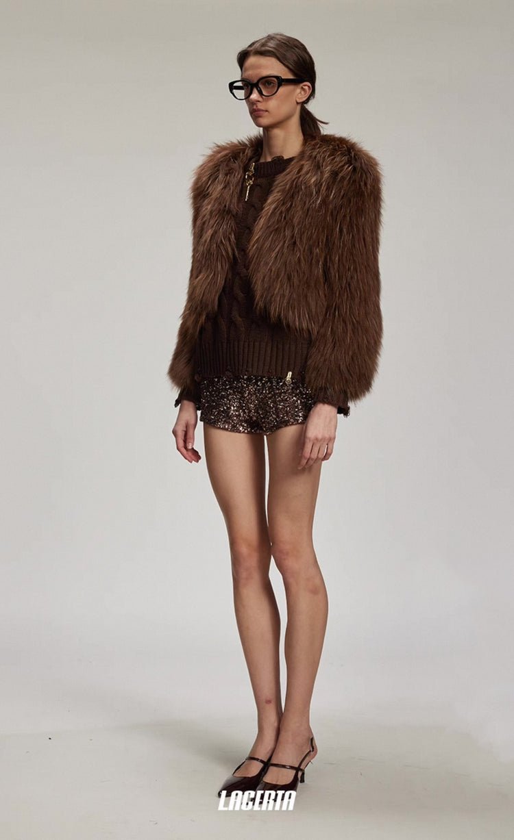 V-neck Cropped Fur Jacket