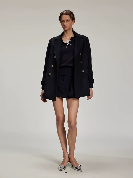 Navy Blue Oversized Wool Short Coat