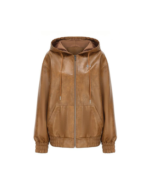 Zip-up Faux Leather Hoodie Jacket