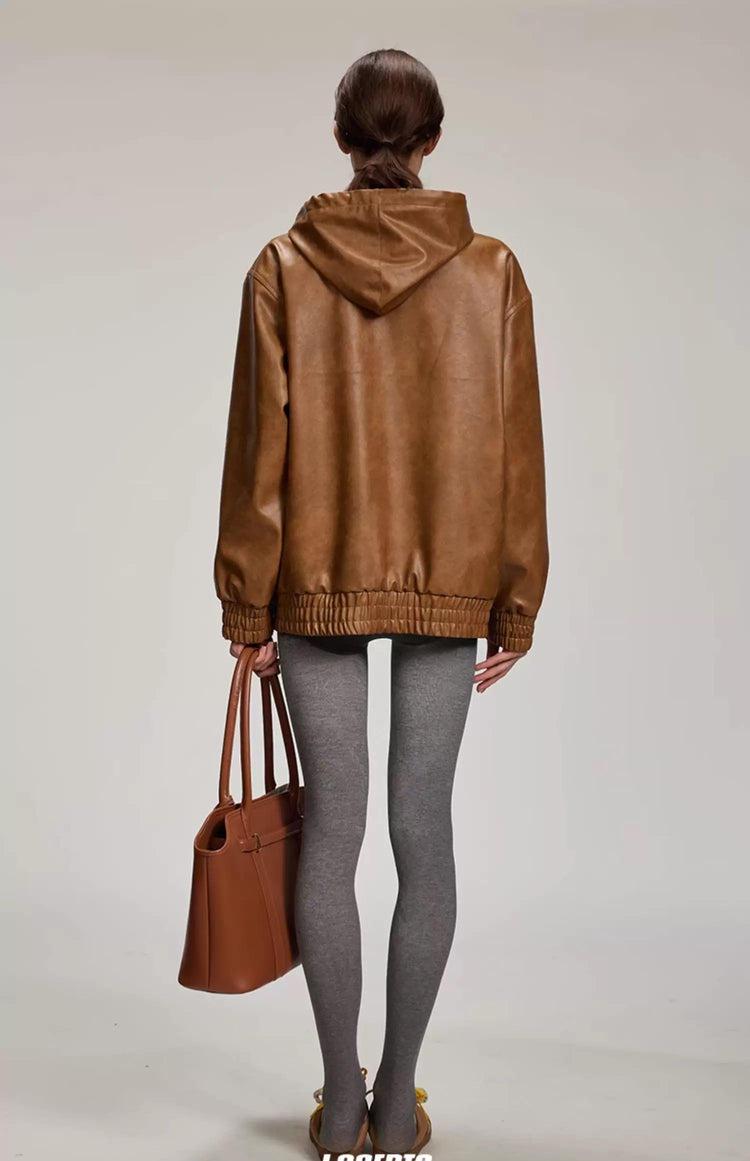Zip-up Faux Leather Hoodie Jacket