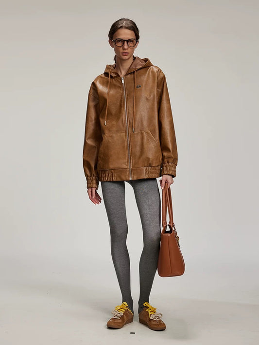 Zip-up Faux Leather Hoodie Jacket
