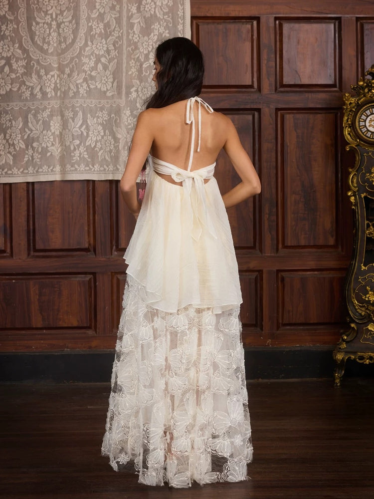 Bias-cut Faux Two-piece Embroidered Long Dress
