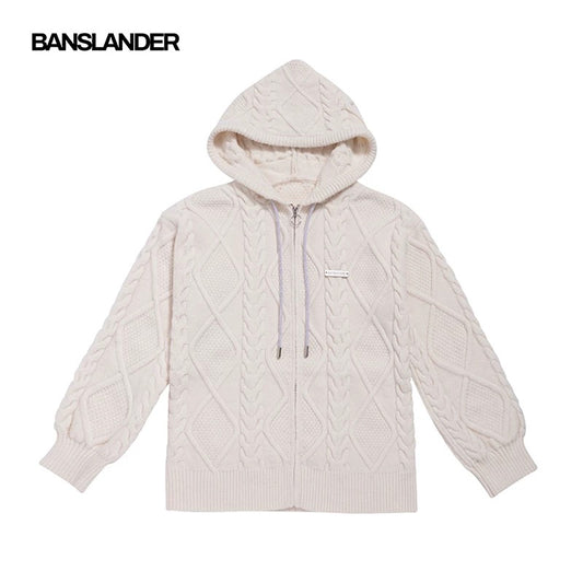 Shiny Drawstring Cable Knit Hoodie