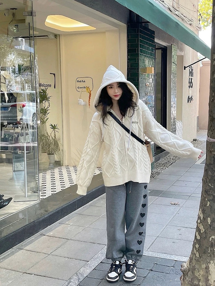 Shiny Drawstring Cable Knit Hoodie