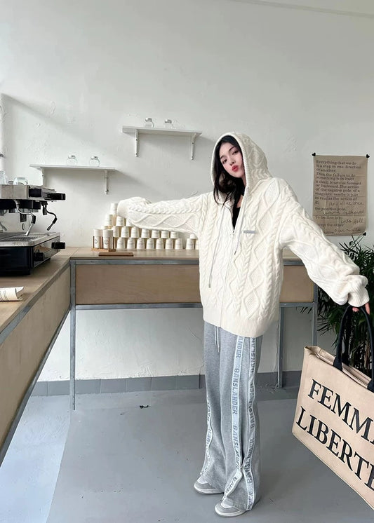 Shiny Drawstring Cable Knit Hoodie