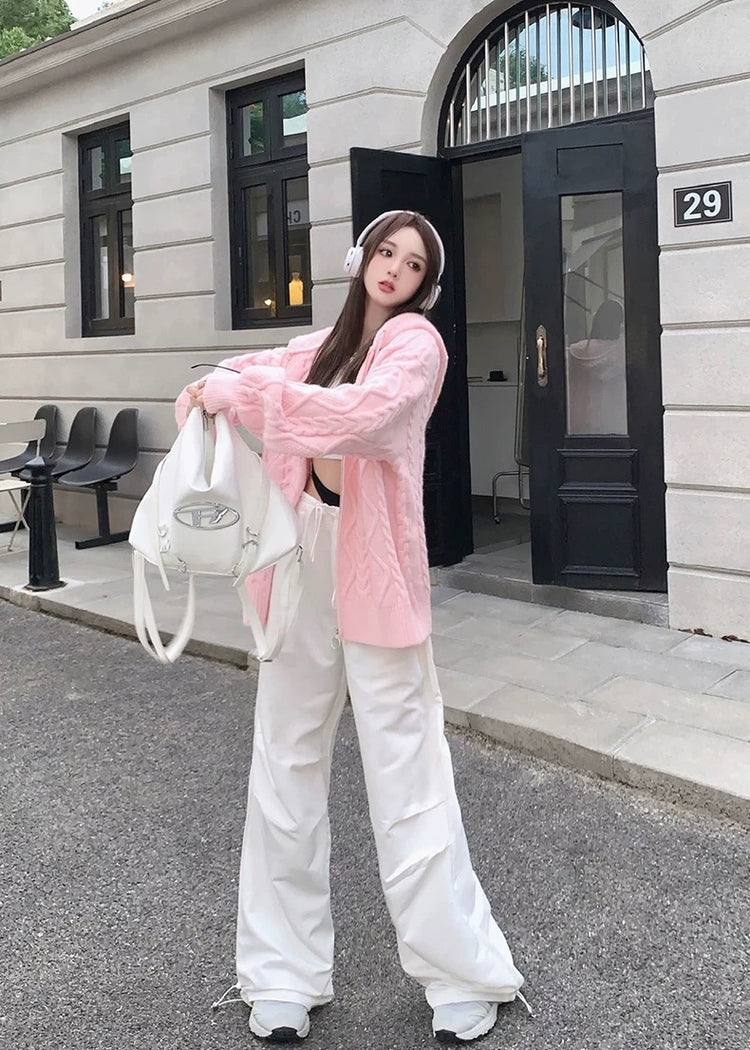 Shiny Drawstring Cable Knit Hoodie