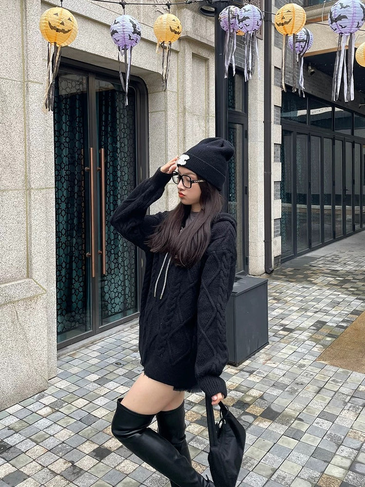 Shiny Drawstring Cable Knit Hoodie