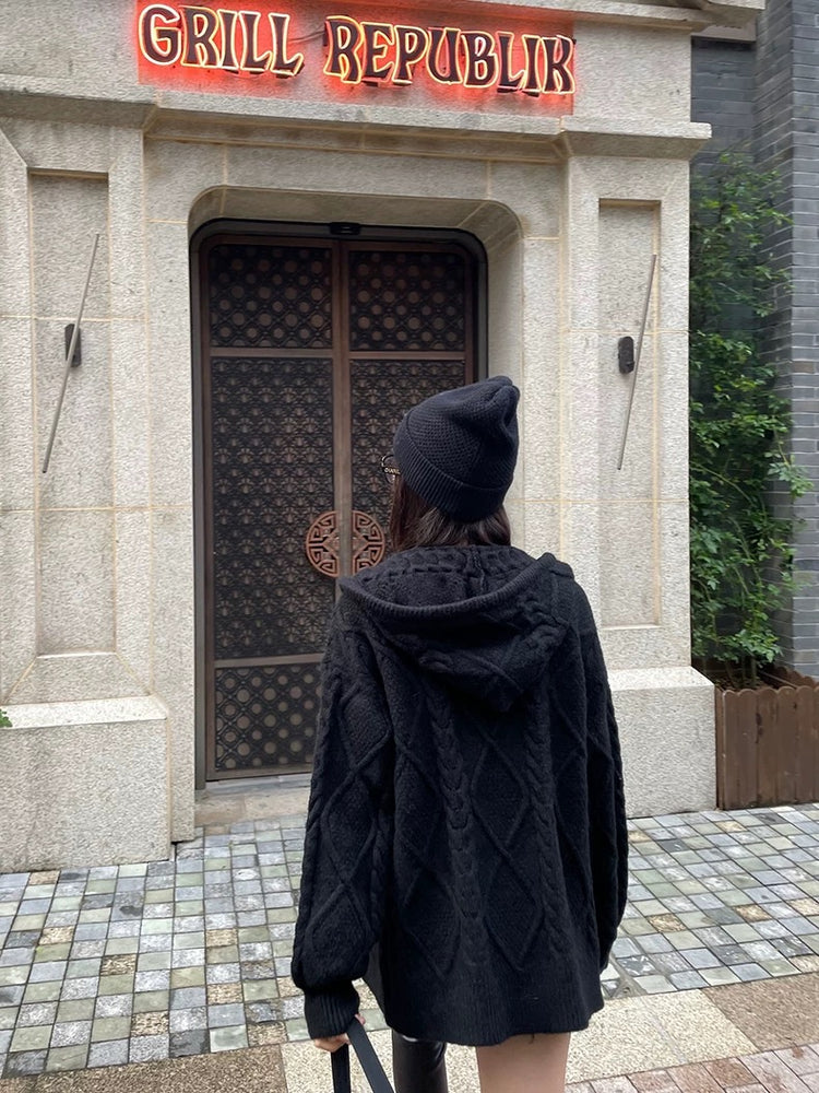 Shiny Drawstring Cable Knit Hoodie