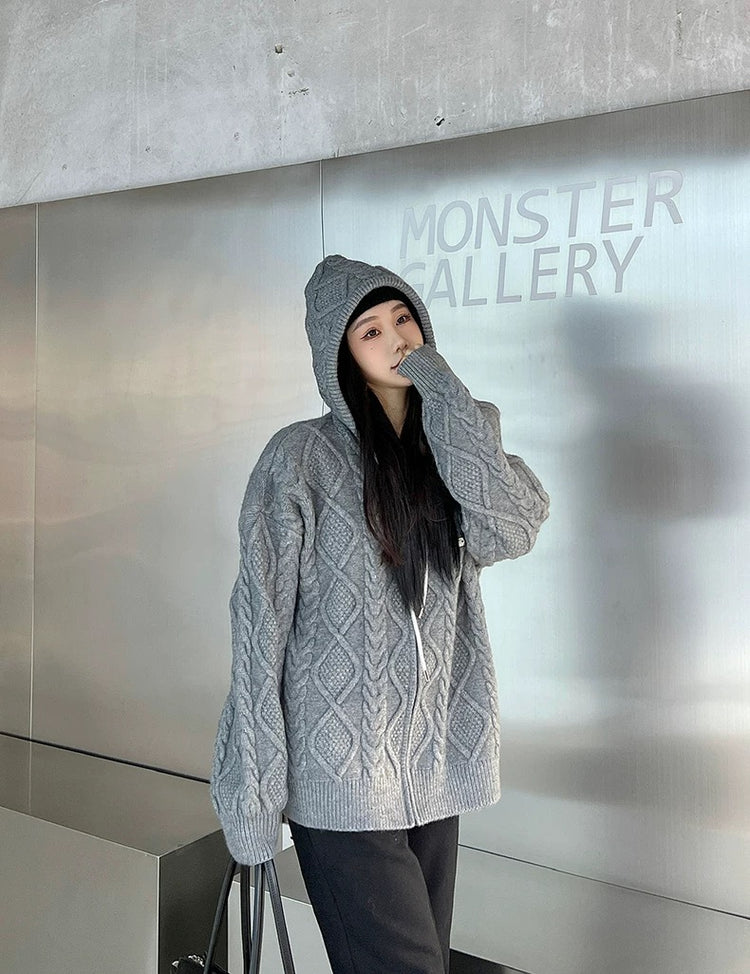 Shiny Drawstring Cable Knit Hoodie