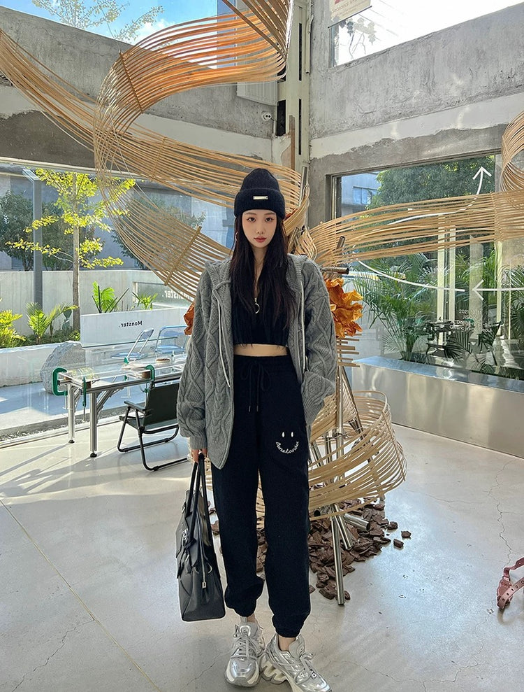 Shiny Drawstring Cable Knit Hoodie