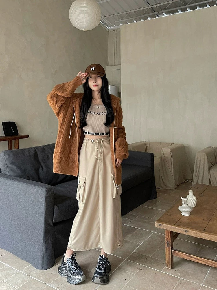 Shiny Drawstring Cable Knit Hoodie