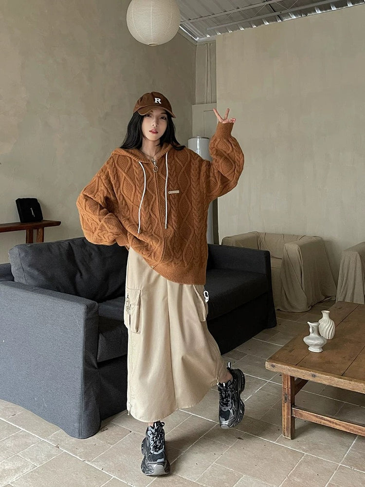 Shiny Drawstring Cable Knit Hoodie