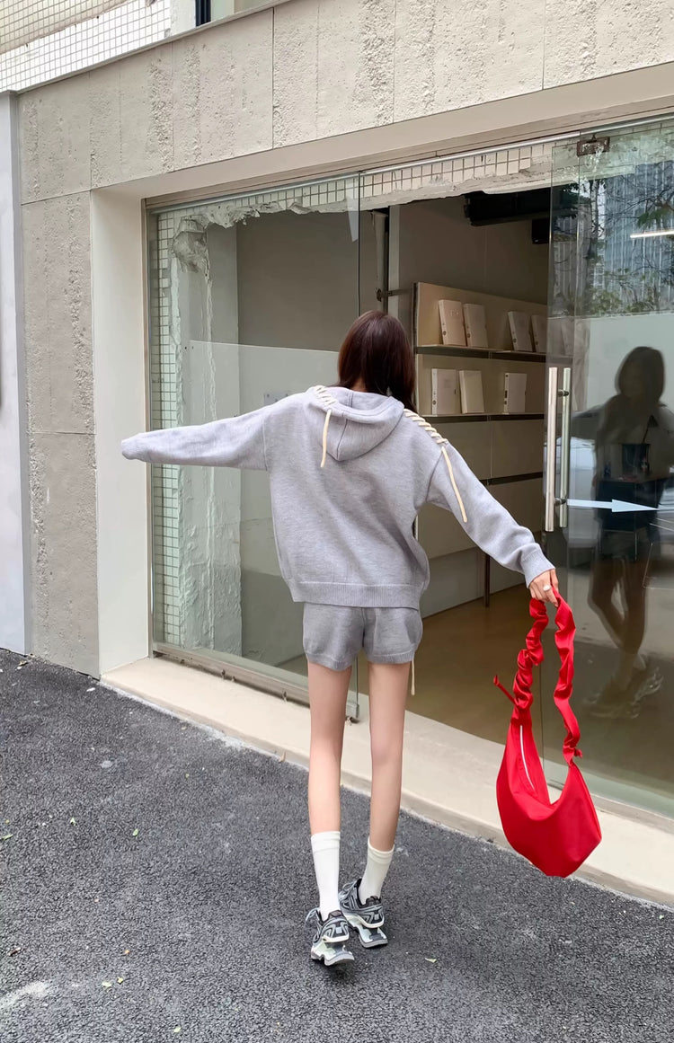 Lace-up Knitted Hoodie Set