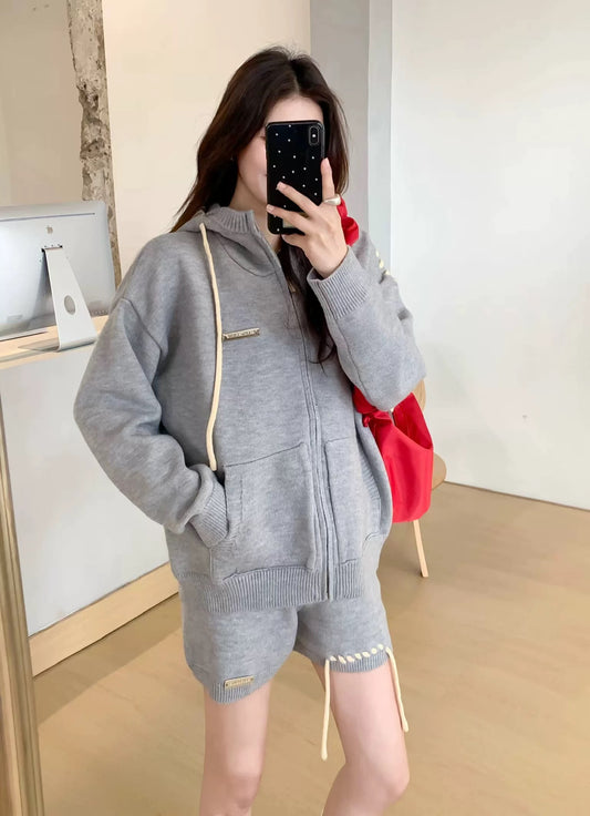 Lace-up Knitted Hoodie Set