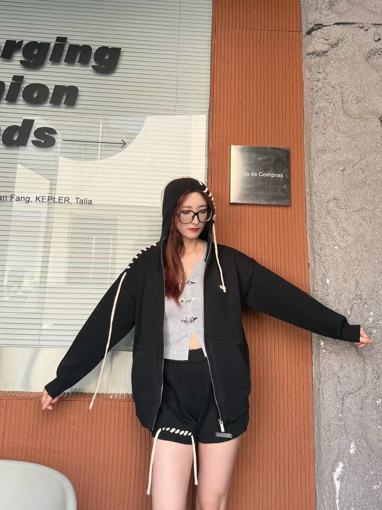 Lace-up Knitted Hoodie Set