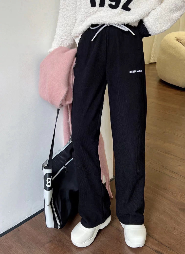 Shiny Drawstring Corduroy Wide-Leg Pants
