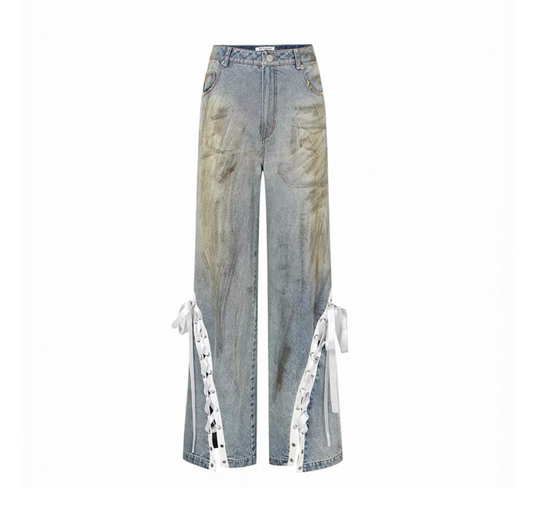Distressed Satin Ribbon Jeans