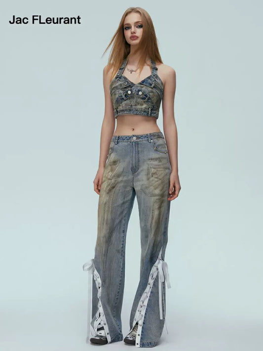 Distressed Satin Ribbon Jeans